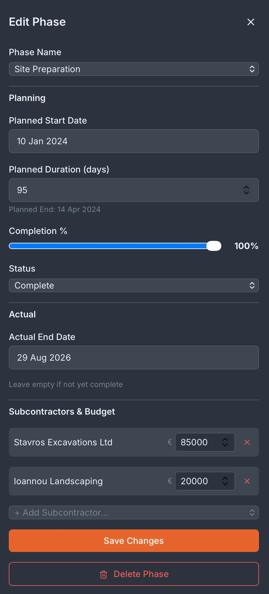 Edit phases directly — budget and subcontractors included