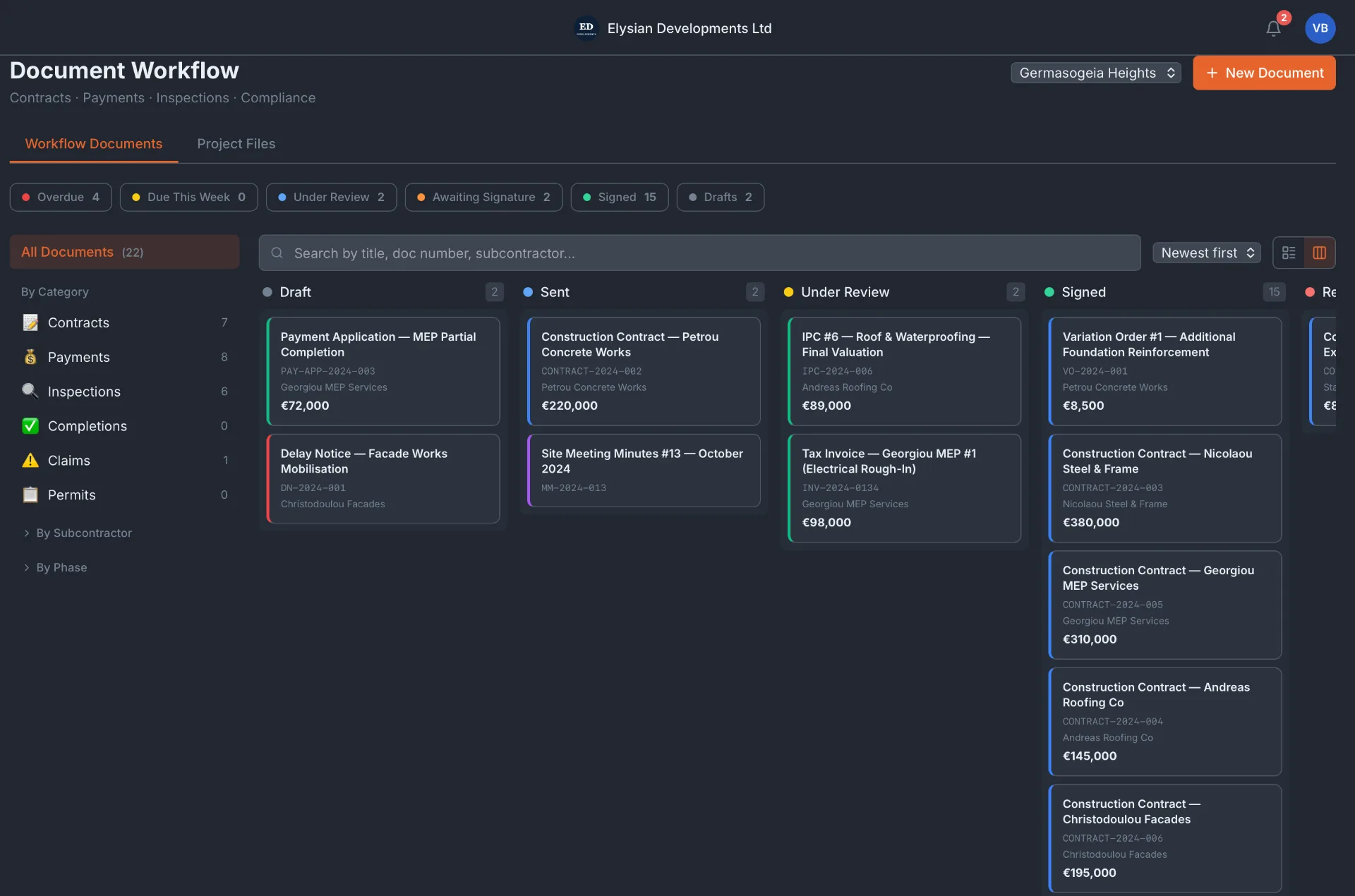 Document Workflow — contracts, payments, inspections