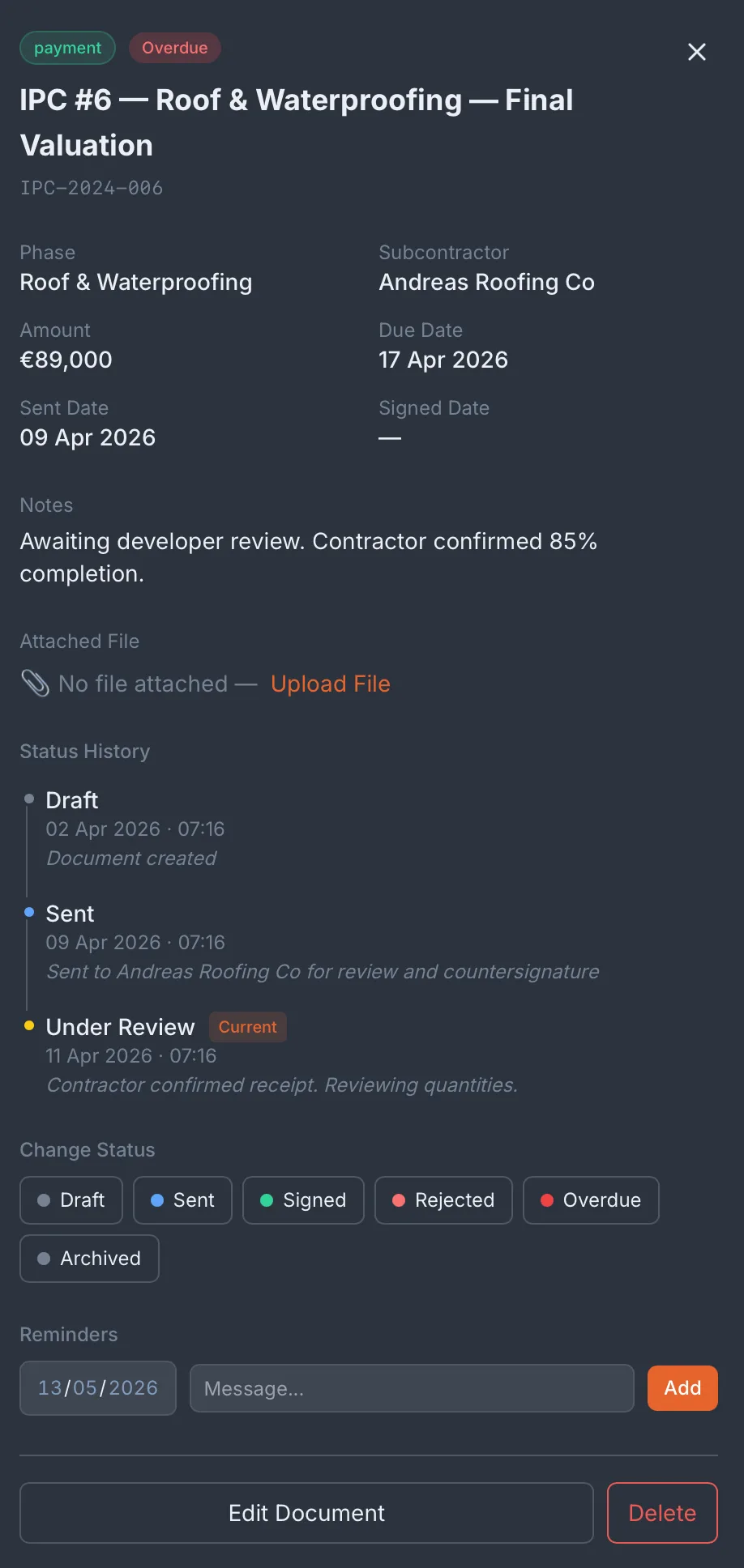 Document detail with status history and reminders