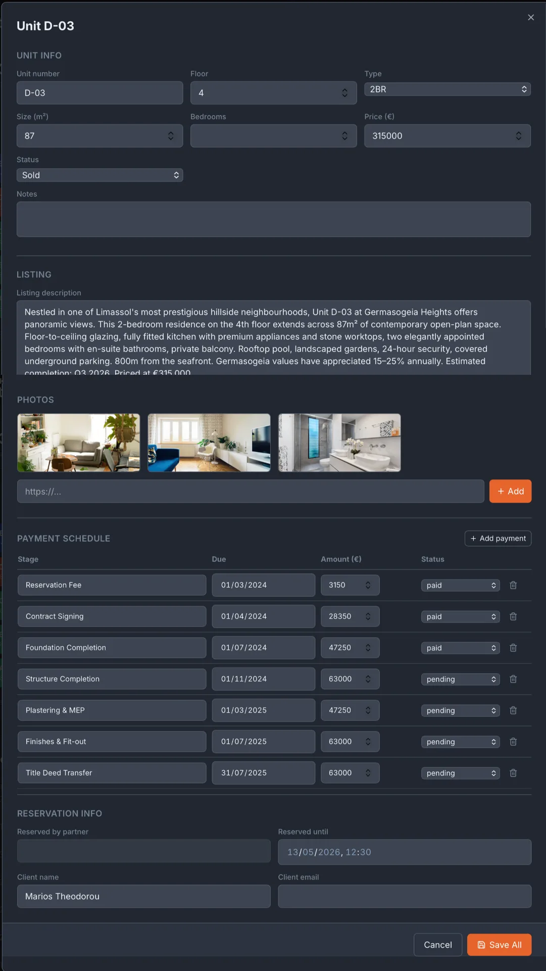 Available residences with pricing and photos