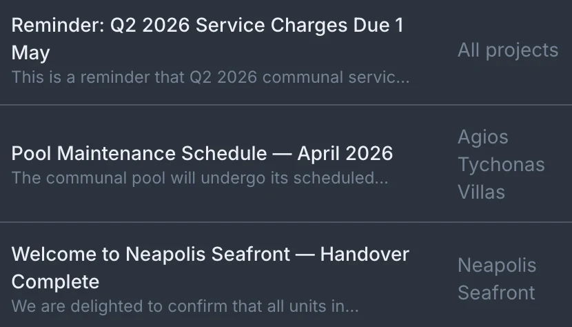 Publish announcements by project or portfolio-wide
