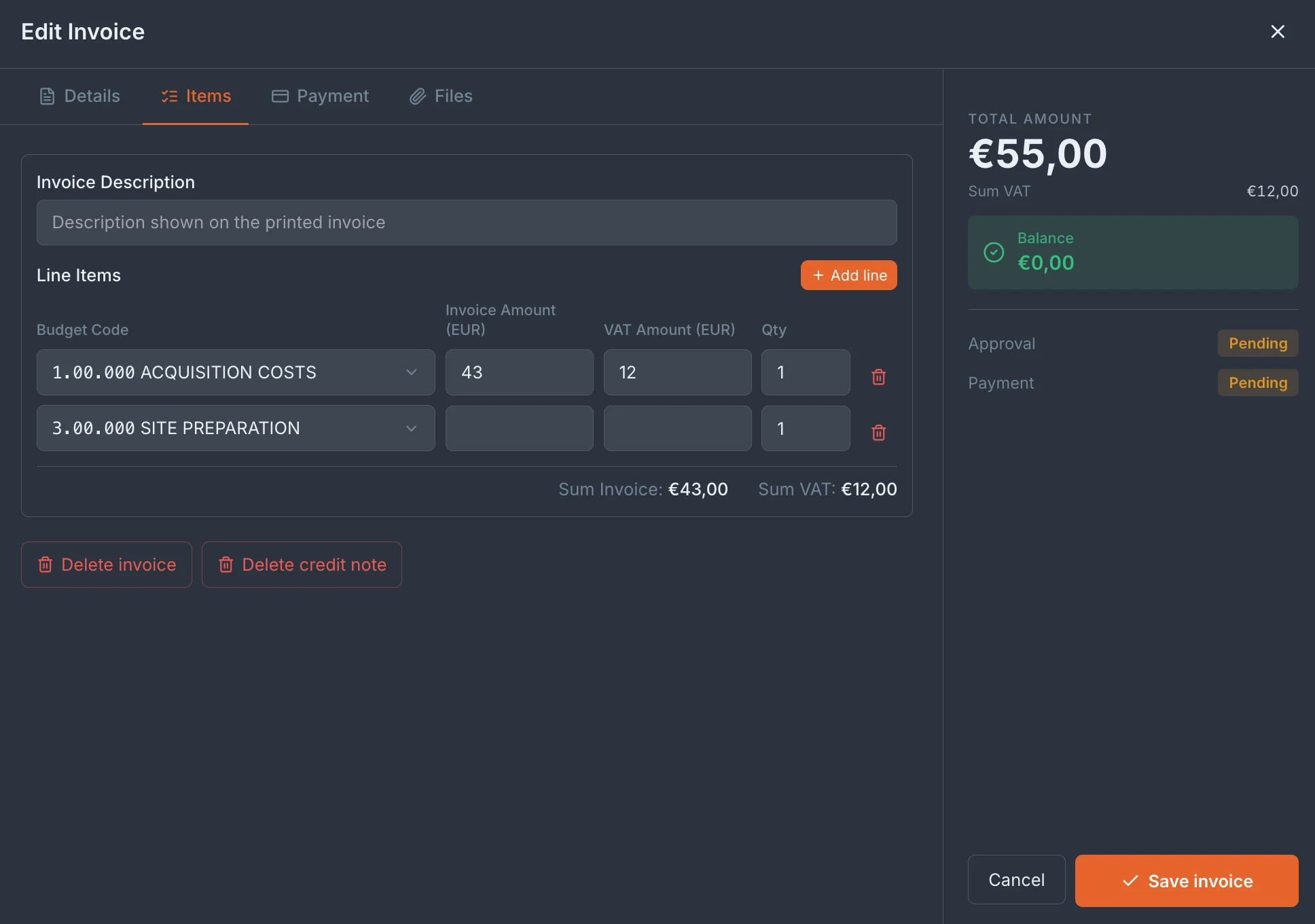 Line items on budget codes — invoices that feed the budget