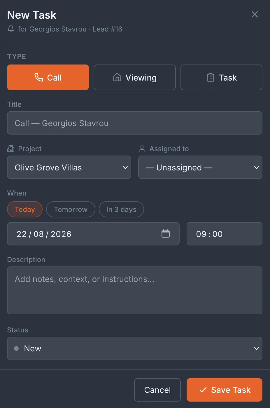Call, Viewing and Task — three kinds of follow-up