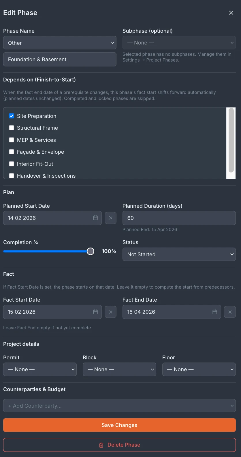 Edit phases directly — budget and subcontractors included